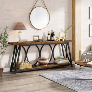 Extra Long Console Table With 2 Tier Storage Shelves For Living Entryway - Brown / Black