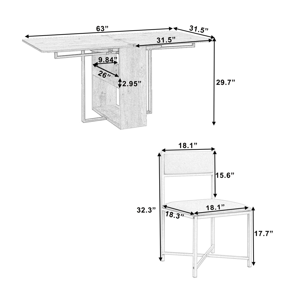 TOPMAX Modern Compact 63-inch 5-Piece Extendable Dining Table Set