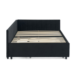 Full Size Upholstered Daybed With Trundle, Tufted Backrest And Armrests - Black
