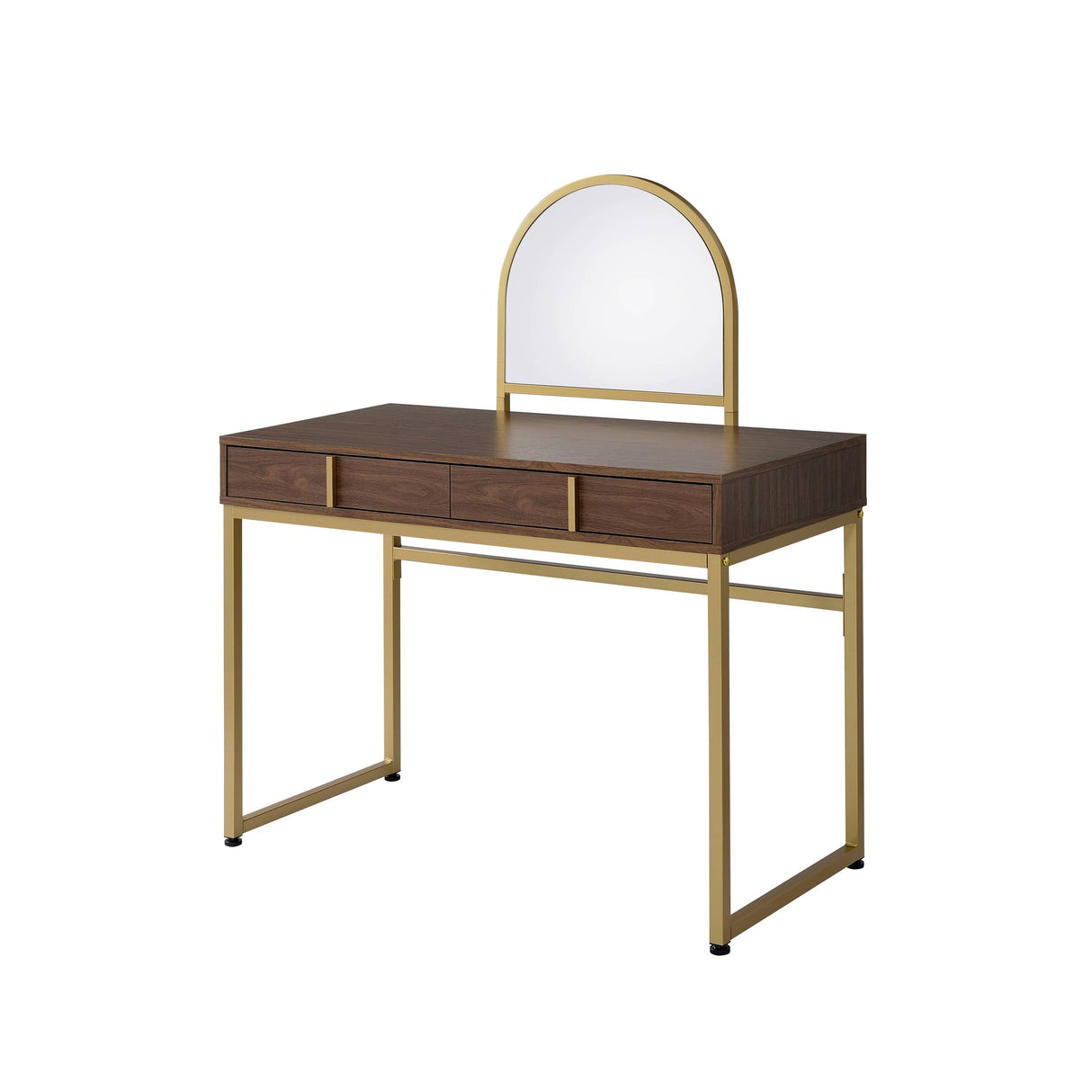 Coleen Walnut & Gold Finish Vanity Desk with Mirror & Jewelry Tray