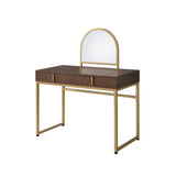 Coleen Walnut & Gold Finish Vanity Desk with Mirror & Jewelry Tray