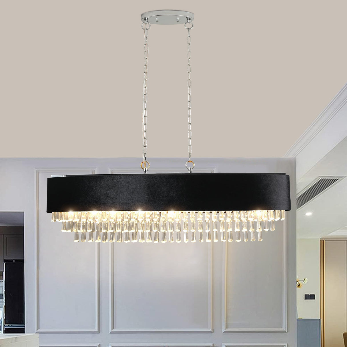39' Modern Crystal Chandelier with Black Imitation Velvet Anti-Glare Shade, Adjustable Height, 8-Light G9 Base for Dining Room, Living Room, or Bedroom (Bulb Not Included)