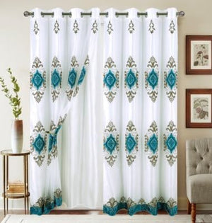 Embroidered Medallion Curtain Set – 2 Panel Window Drapes with Attached Backing & Matching Valance