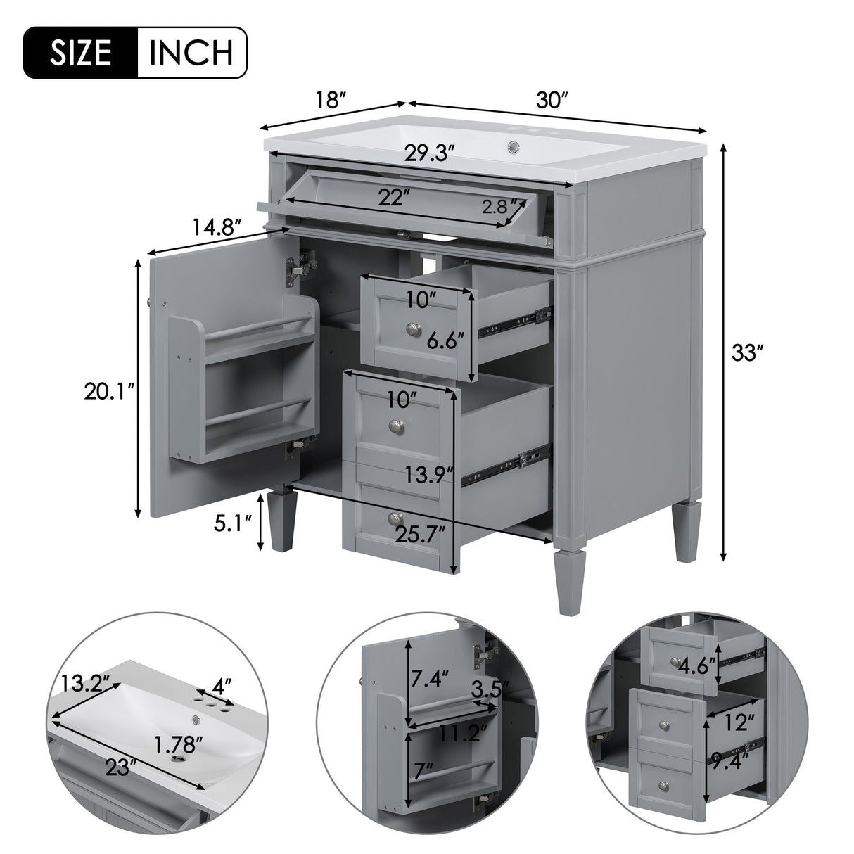 Bathroom Vanity With Top Sink, Storage Cabinet, 2 Drawers, Tip Out Drawer