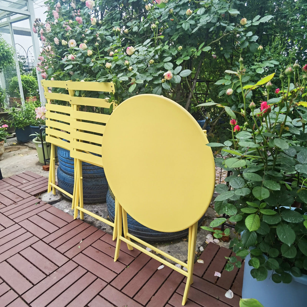 3 Piece Patio Bistro Set of Foldable Round Table and Chairs