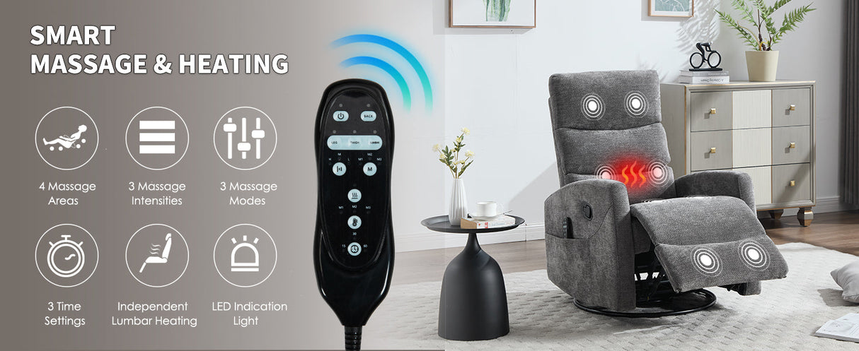 Heat Massage Manual Recliner Chair with Rocker and Swivel in Fabric