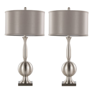 Joan 30" Contemporary Metal Table Lamp Set in Brushed Nickel with Grey Satin Shade - Set of 2