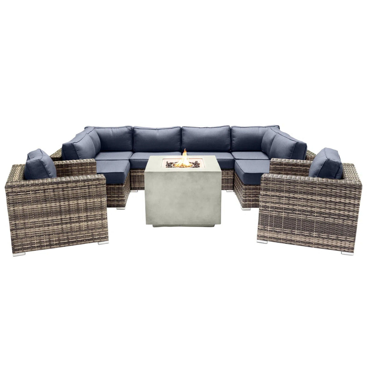 Premium 6 Person Wicker Patio Seating Group With Deep Cushions And Concrete Fire Pit - Gray Mix