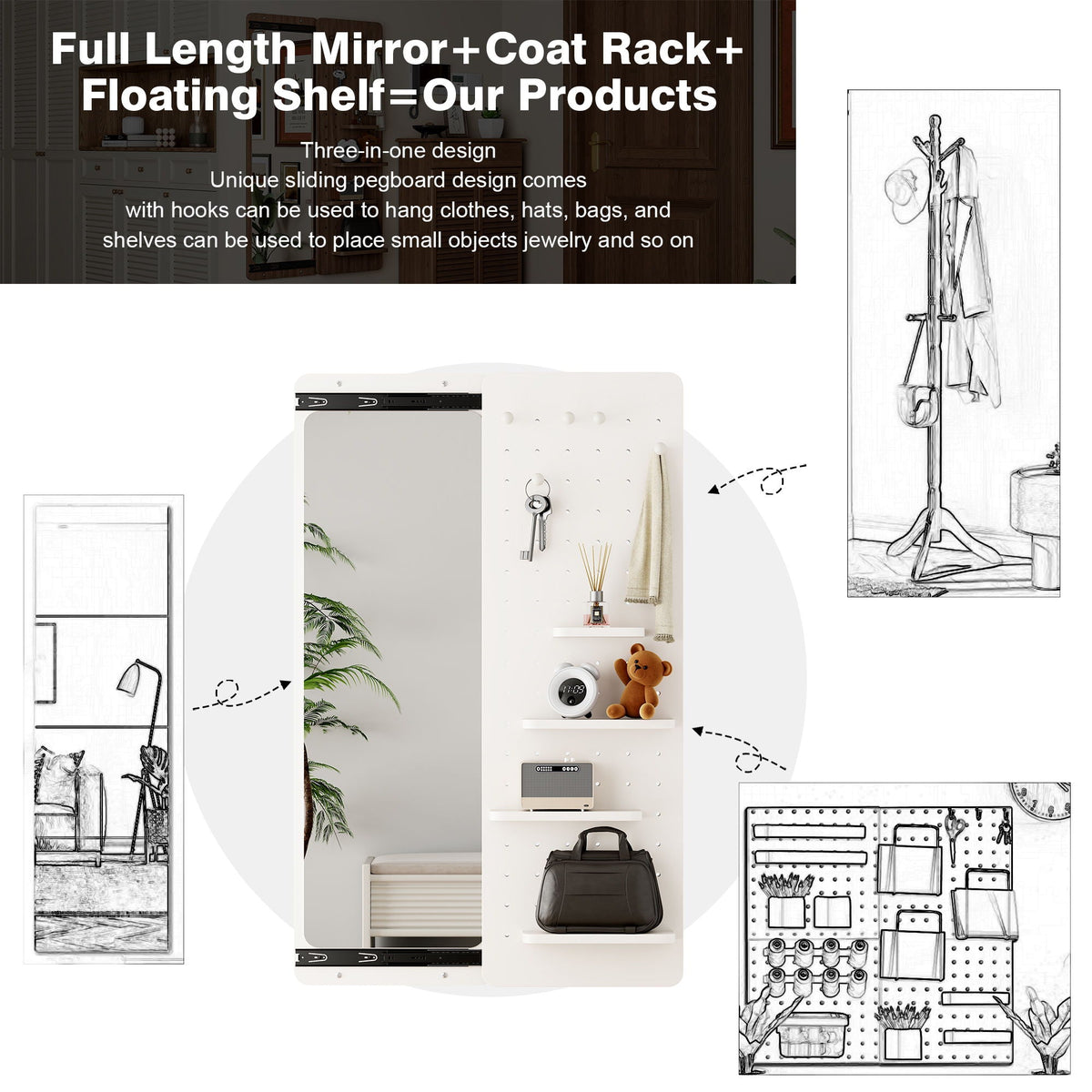 Wall Mounted Full Length Mirror With Shelf And Hook