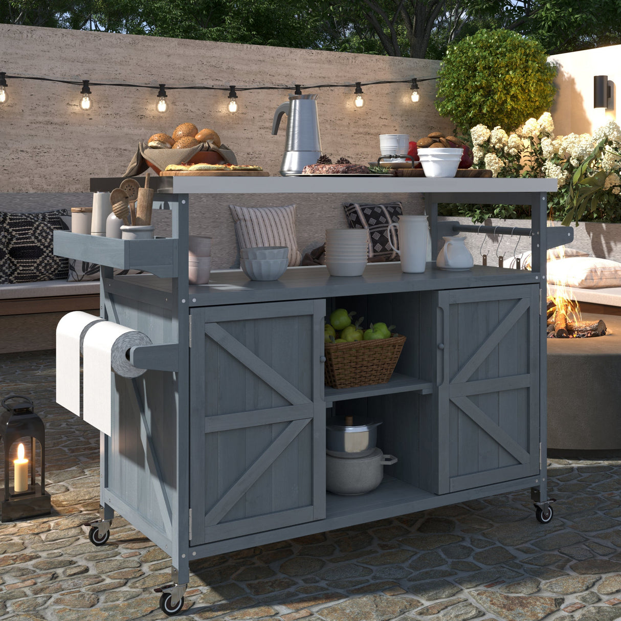 K&K Outdoor Kitchen Island, Rolling Bar Cart & Storage Cabinet
