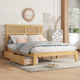 Full Size Bed with Rattan Headboard, Two Storage Drawers, Rubber Wood Bed with Enhanced Support Salts and Feet,White Oak
