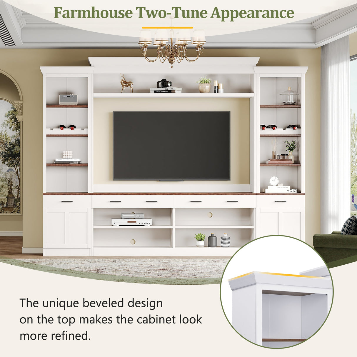 Farmhouse 4-Piece Entertainment Center with Bookshelf for TVs Up to 70"