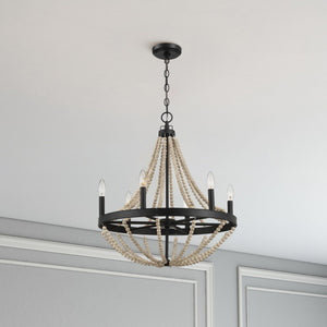 Starry - Chandelier 6 Candle Light Wood Beaded Pendant Light For Dining Room - Black / Clear