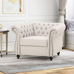 Chesterfield Club Chair Velvet Fabric Beige with Birch Wood Legs