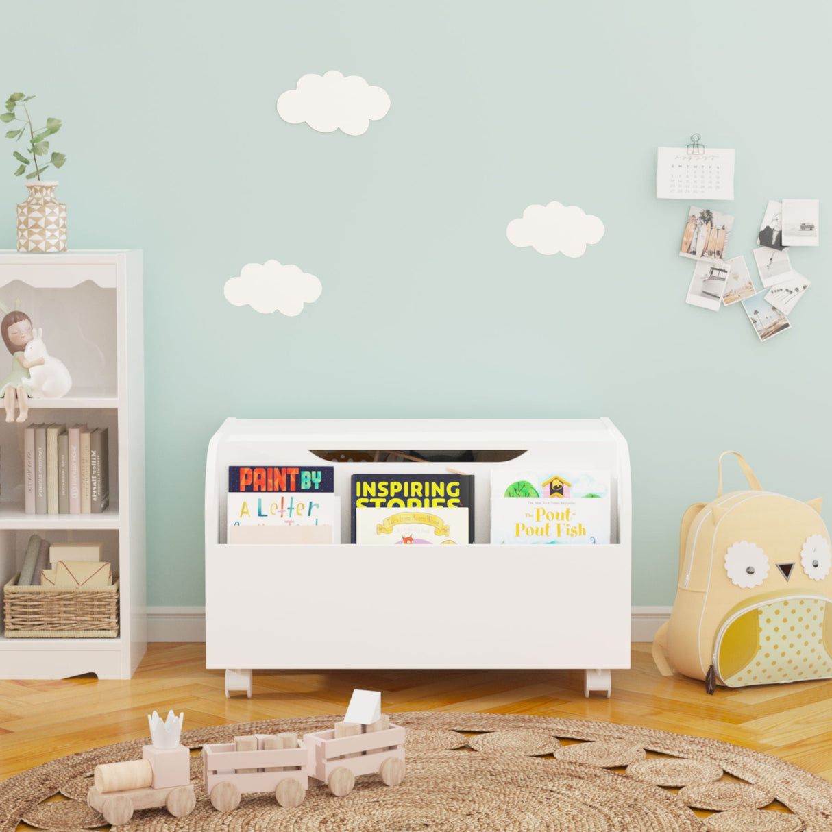 Toy Box With 4 Universal Wheels, Kids Playroom Storage Organizer With Front Bookshelf, Flip Top Lid, Safety Hinge - White