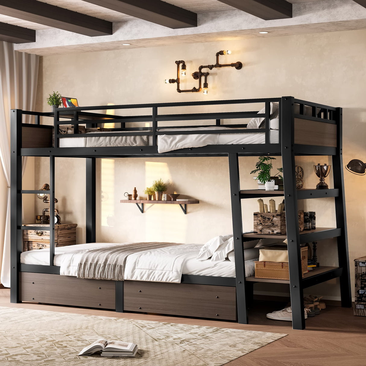Twin Size Metal Bunk Bed with Storage Shelves, LED Light Strip, and USB Power Strip