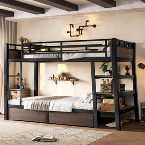 Twin Size Metal Bunk Bed with Storage Shelves, LED Light Strip, and USB Power Strip