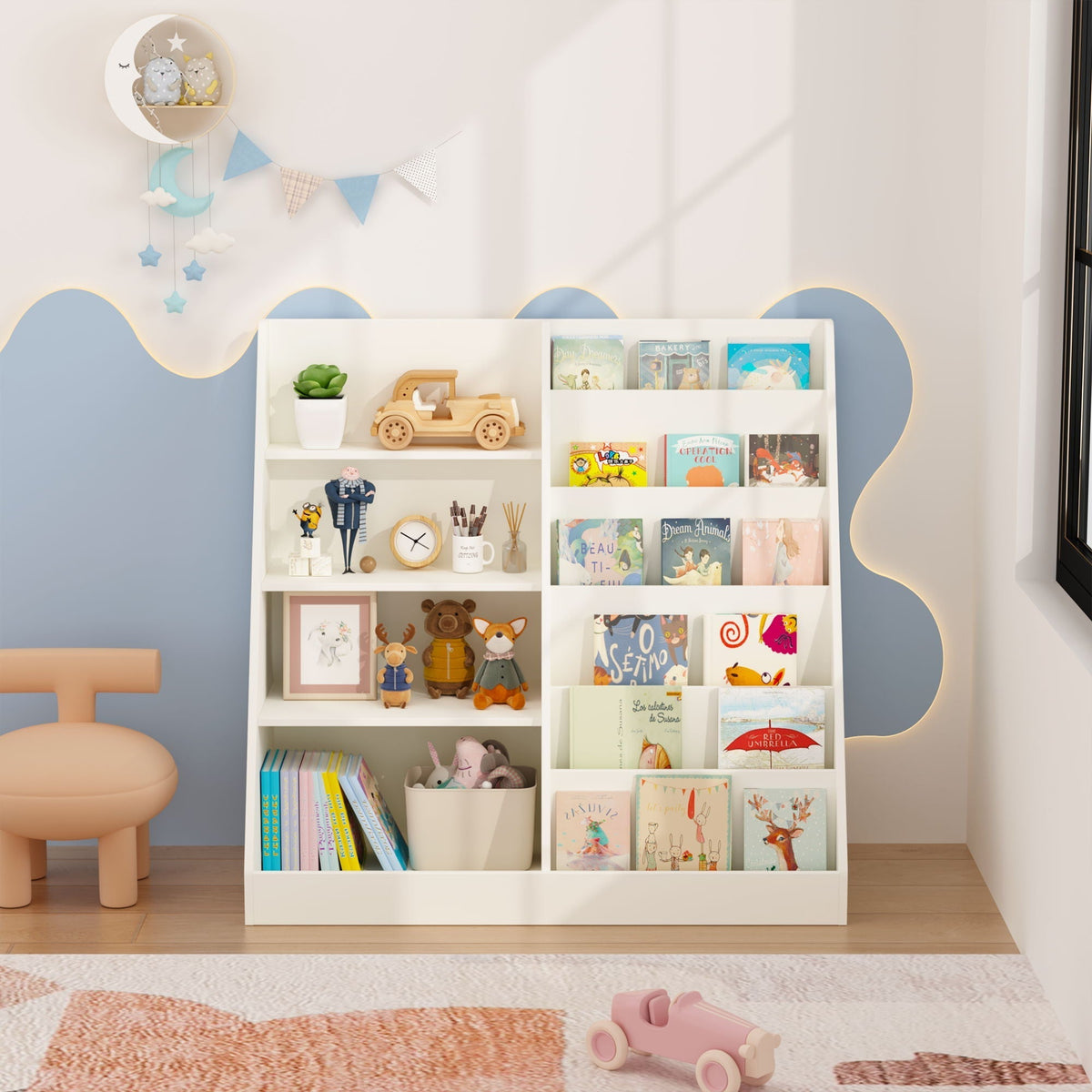 4 Tier Bookshelf and Toy Storage Organizer with Display Stand - Gray, Light Brown, White
