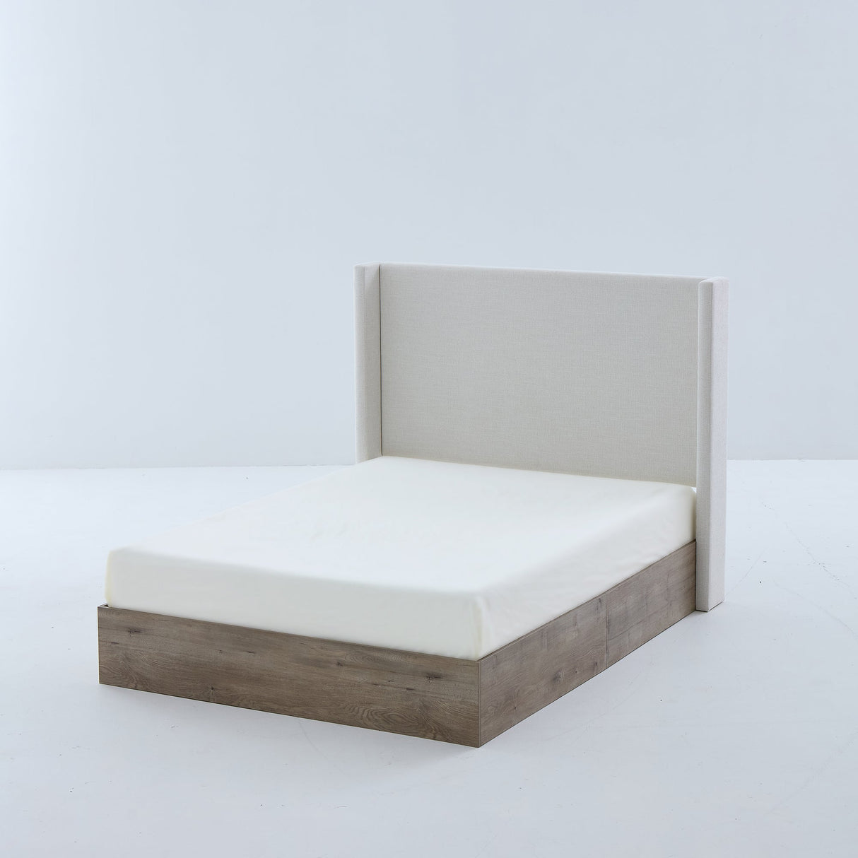 Shelton Upholstered Wingback Bed with 54-inch High Headboard in Textured Ivory Canvas Chenille