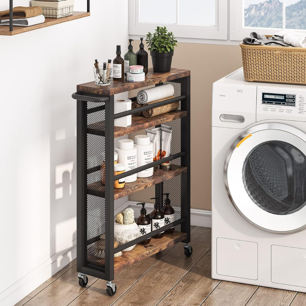 Slim 4 Tier Rolling Utility Cart With Wheels, Narrow Kitchen Storage Trolley - Brown / Black
