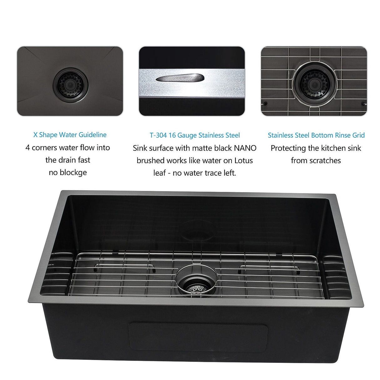 28" Undermount Kitchen Sink 16 Gauge 10" Deep Single Bowl - Gunmetal Black