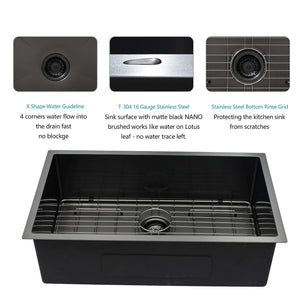 28" Undermount Kitchen Sink 16 Gauge 10" Deep Single Bowl - Gunmetal Black