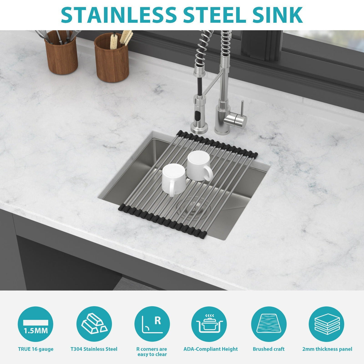 Modern Undermount Stainless Steel Kitchen Sink 16 Gauge, Deep Single Bowl
