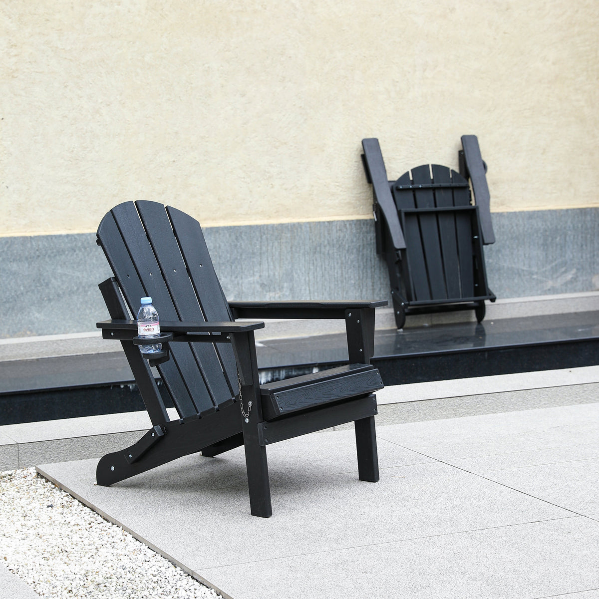 HDPE Folding Adirondack Chair with Dual Cup Holder - Black