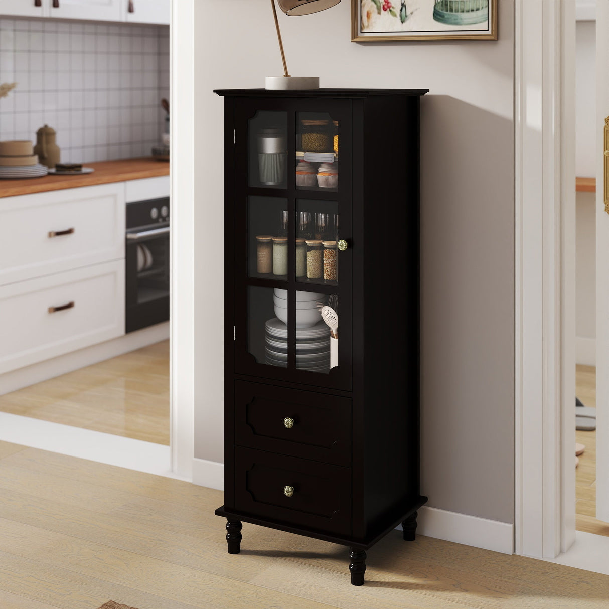 Black Tall Storage Cabinet with Glass Door & 2 Drawers