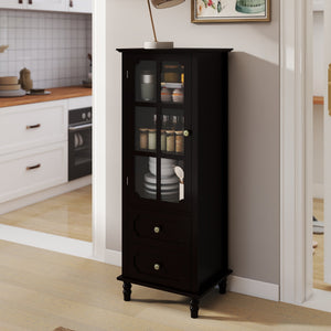 Black Tall Storage Cabinet with Glass Door & 2 Drawers