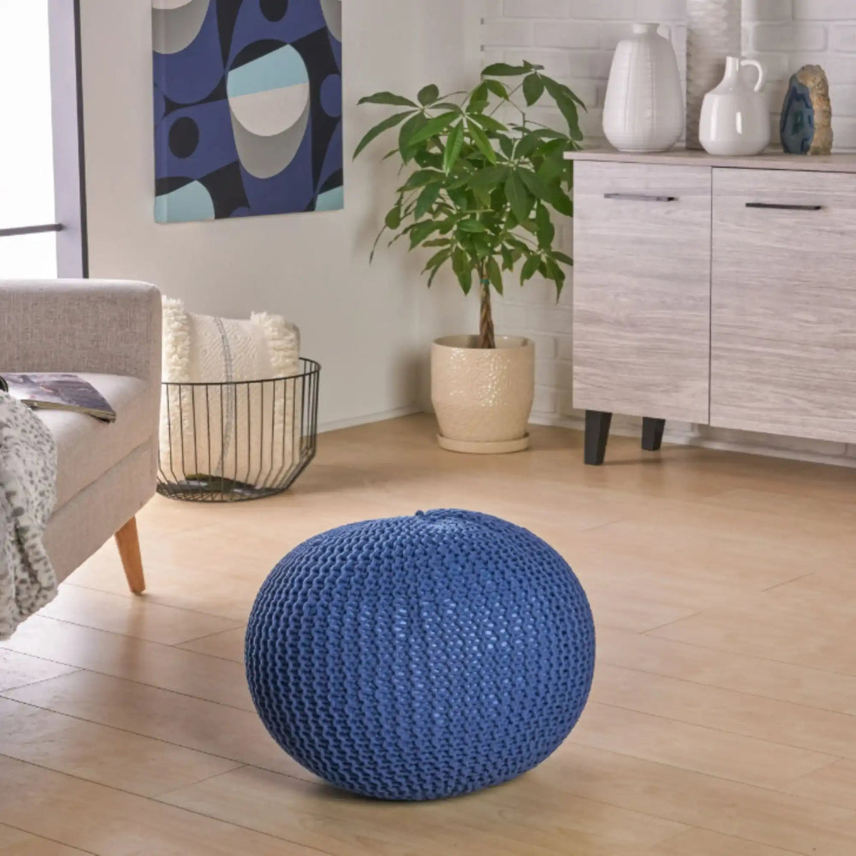 Knitted Cotton Round Pouf Ottoman with Soft Textured Cover - Dark Gray, Yellow, Blue