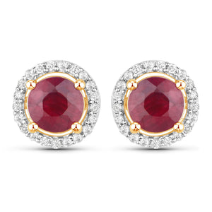 1.22 Carat Genuine Ruby and White Diamond 14K Yellow Gold Earrings