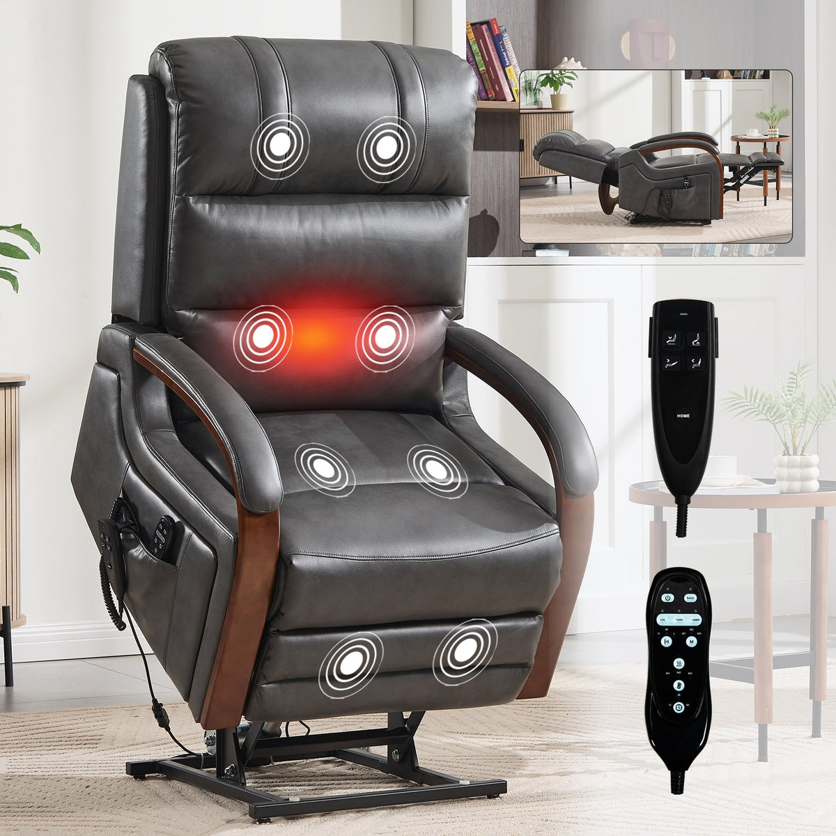 Power Dark Recliner Chair with Massage & Lift - Faux Leather