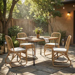 5 PCS Outdoor Dining Set for 4 with Acacia Wood Top & Rattan Chairs