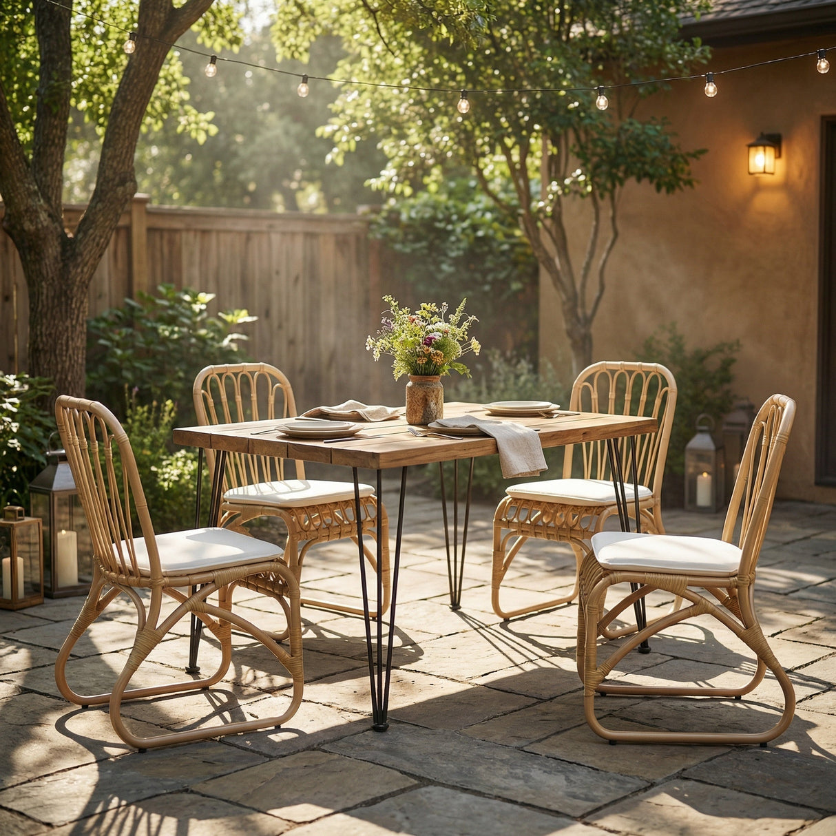 5 PCS Outdoor Dining Set for 4 with Acacia Wood Top & Rattan Chairs