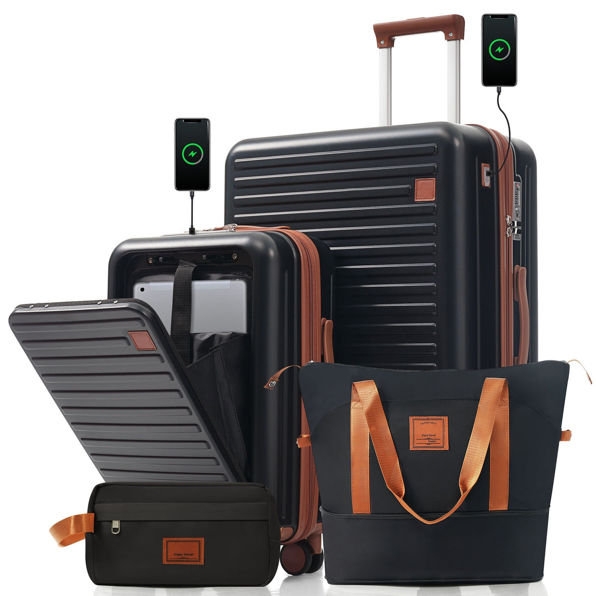 4-Piece Luggage Set with USB Charging Ports - 20in Carry-On (Front-Opening for Laptop) 28in