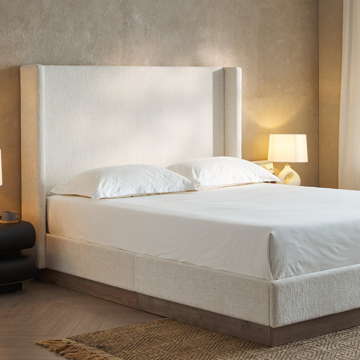 Hosford Upholstered Wingback Bed with Wood Base Platform
