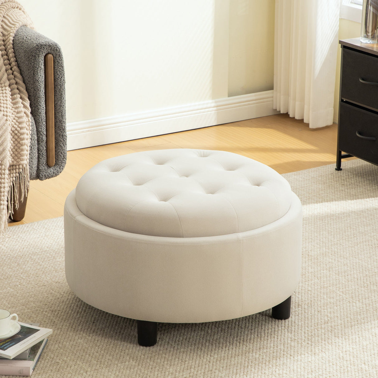 29.33"W Upholstered Round Ottoman With Reversible Lid