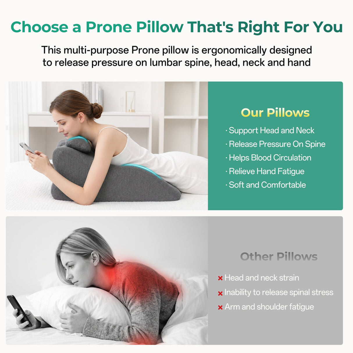 Ergonomic Spinal Posture Support & Multi-Functional Bed Pillow - Grey