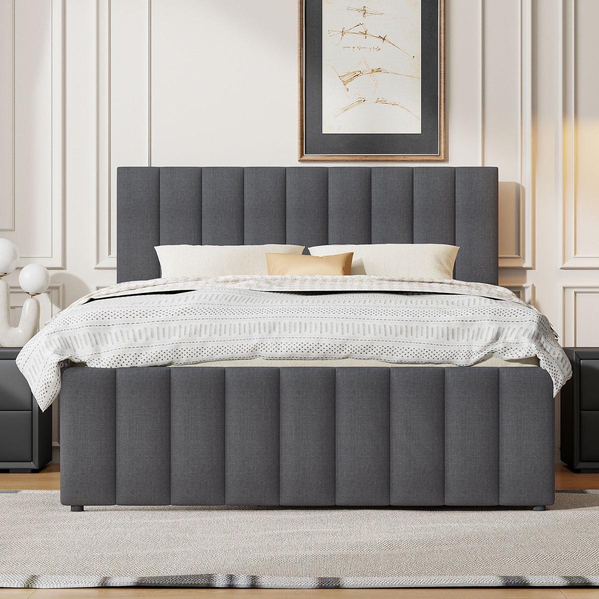 Upholstered Platform Bed With Twin Size Trundle And 3 Drawers