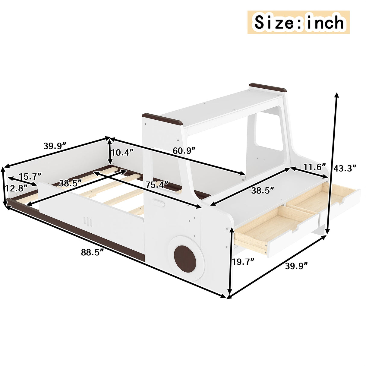 Twin Size Car-Shaped Floor Bed with Storage for Kids