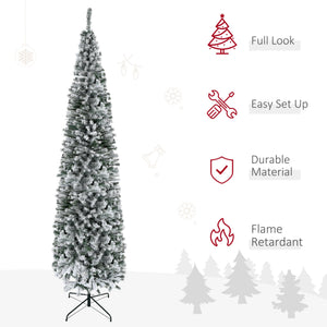 HOMCOM 9' Tall Unlit Snow-Flocked Slim Artificial Christmas Tree
