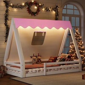 Twin Size House Floor Bed with Tent and Light