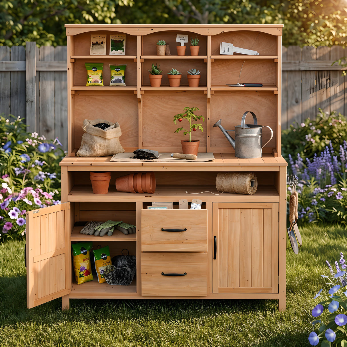 TOPMAX Large Fir Wood Potting Bench with Hutch, Cabinets & Drawers