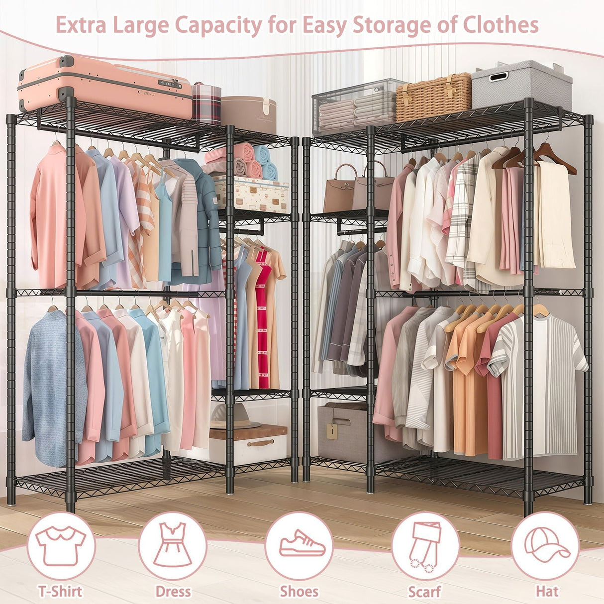 Freestanding Clothes Rack, With 6 Adjustable Wire Shelves And 3 Garment Rails - Black