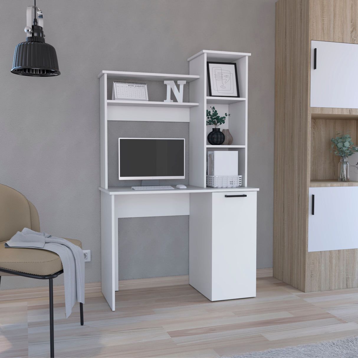 Carson Computer Desk with Hutch, Single Door Cabinet, and Shelves