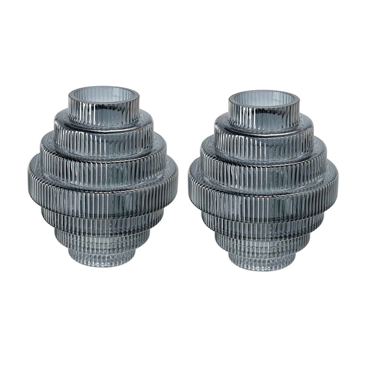D5.9x6.7' Multi-Tiered Geometric Vase with Smoked Blue Finish, Set of 2