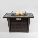 42inch Rattan Fire Pit Table with Ceramic Tile Tabletop, Glass Wind Guard and Rain cover, Lid - Tuesday Morning - Fire Pits