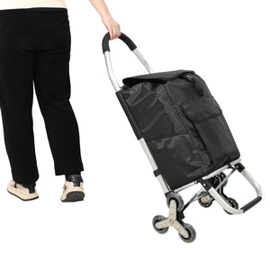 Foldable Shopping Stair Trolley With Triangular Wheels And Removable Waterproof Bag - Black