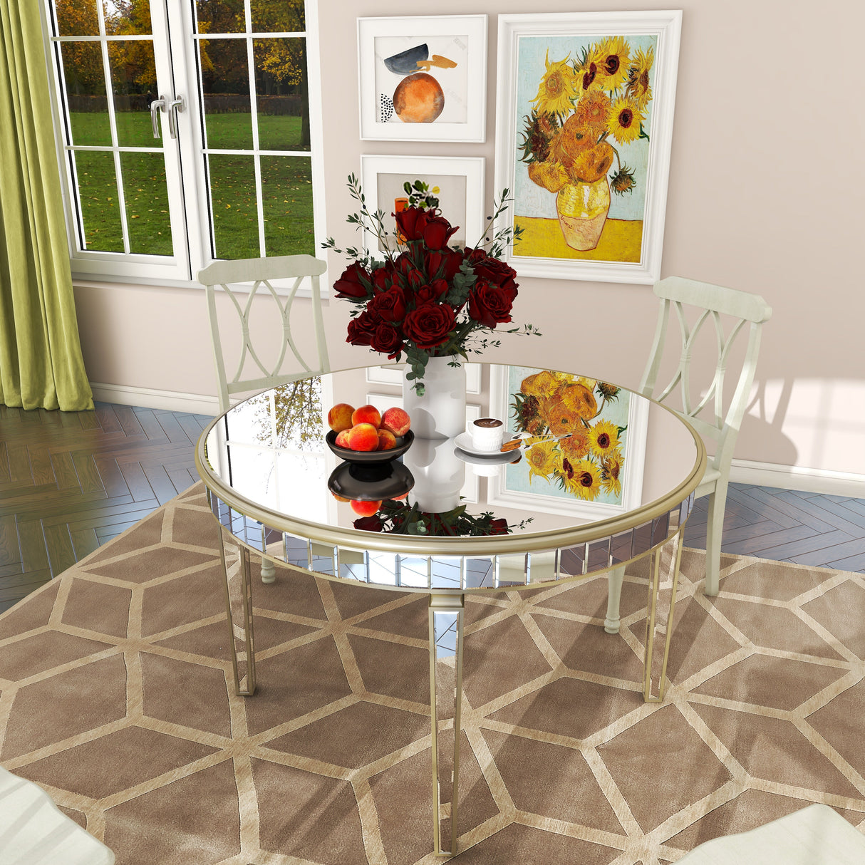 Round Glass Dining Table with Mirror Top